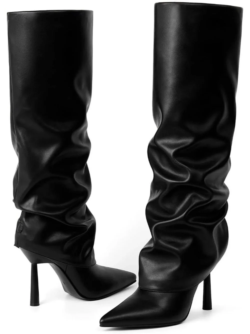 Women's Black 1 Stiletto Heel Pointed Toe Side Zipper Knee High Shark Boots